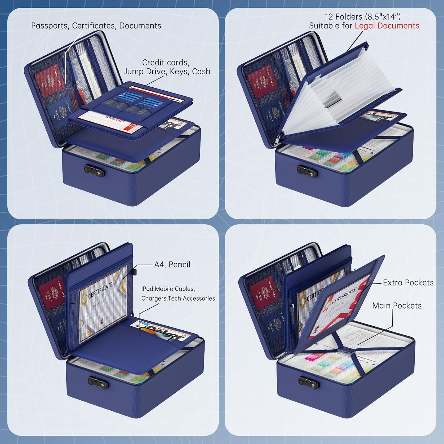 5200℉ Fireproof Document Bag, Insulated Document Box with Lock, Important Document Organizer with Waterproof Zipper, Portable Soft Home Travel Office Safe Storage with 13 Accordion File Folder,Blue