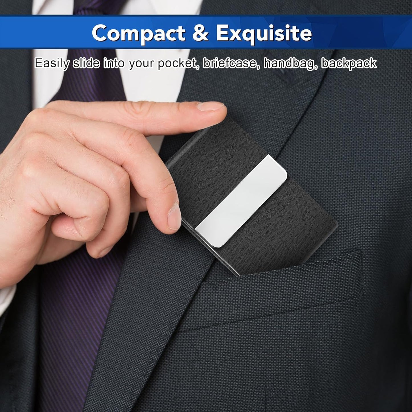 Business Card Holder with Ultra Slim Design, Business Card Case with Premium PU Leather, Suit Pocket Metal Card Holder for Women/Men, Magnetic Closure Quick Access Cards