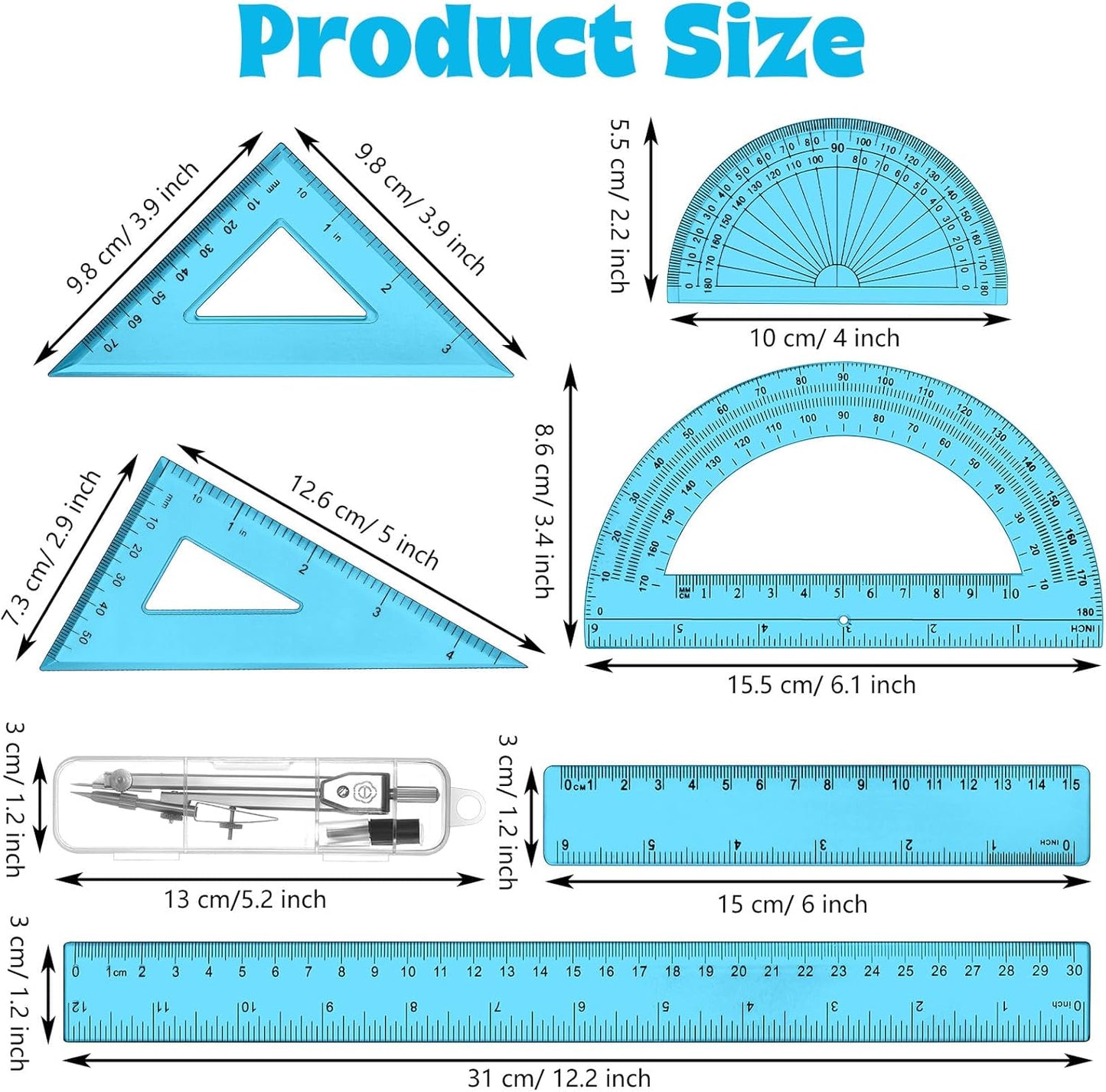 Zonon 1 Set Plastic Geometry Math Set Includes Drawing Compass, 6 Inch 4 Inch Protractor, 45/60 Degree Triangle Rulers 12 Inch 6 Inch Math Ruler Transparent for Office Supplies(Blue)