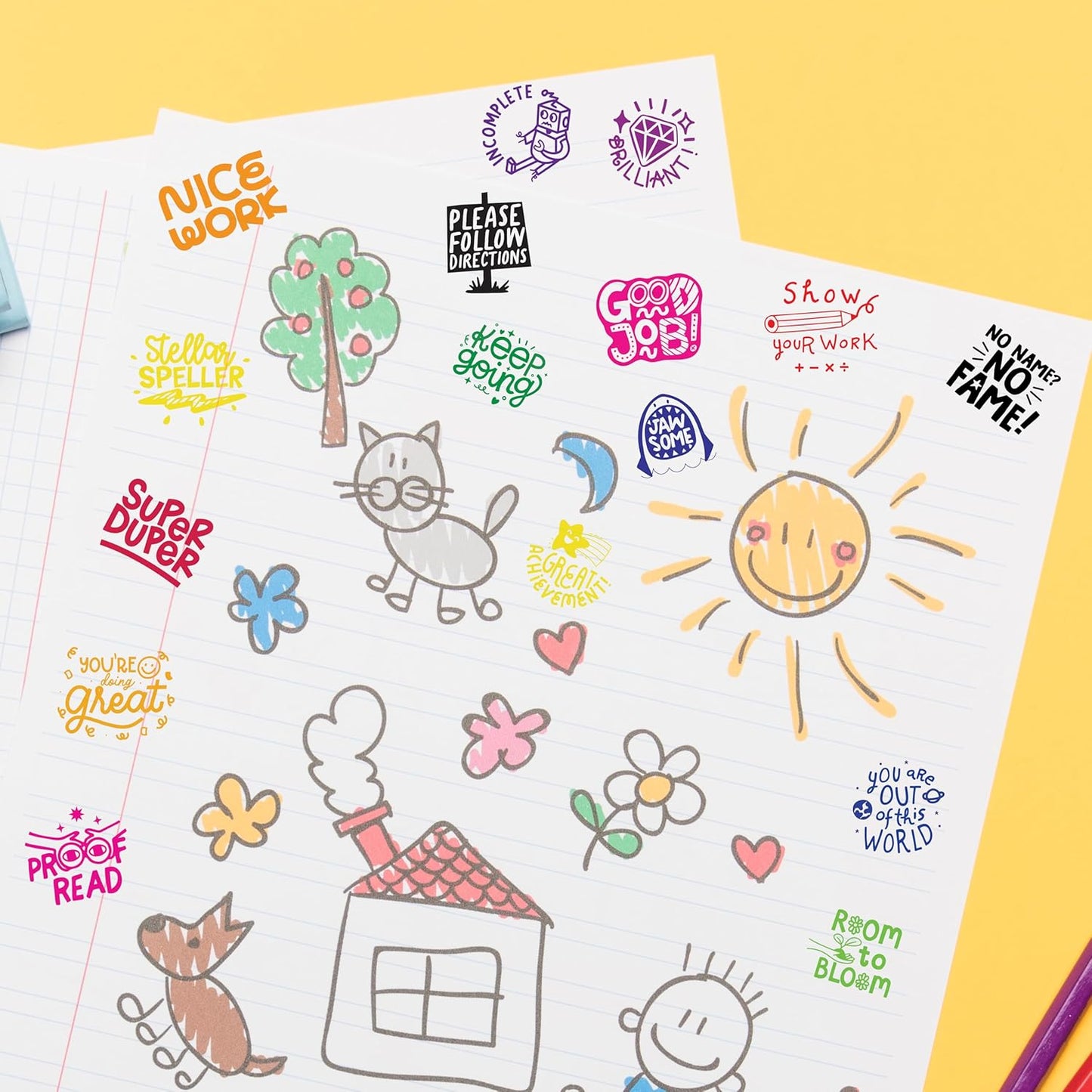 8 Self-Ink Flash Stamp Set, Multicolor Teacher Stamps for Classroom, Stamps for Teachers, Pre-Inked, Refillable Stamps (Inspiration Set v2)