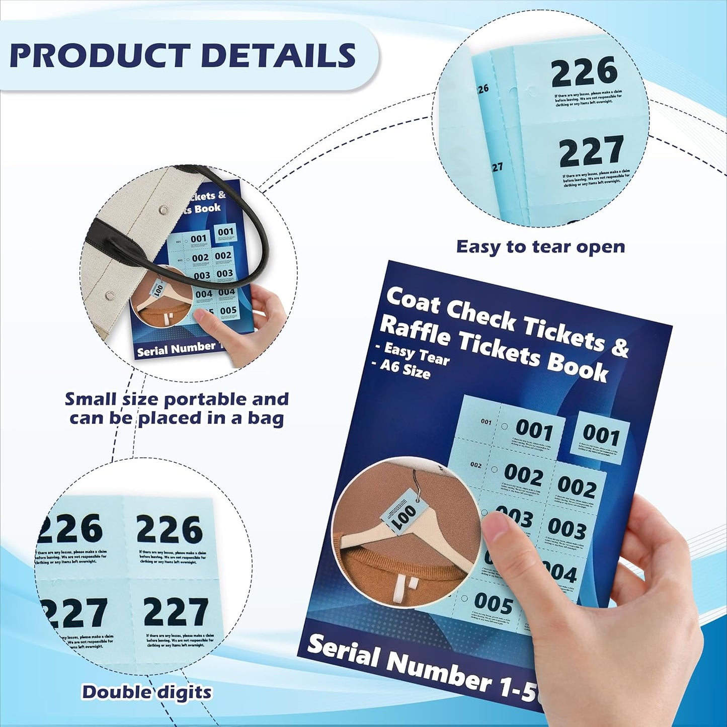 1000 Pcs Coat Check Tickets 2 Part Book Bulk (2 Pack of 1-500) 5.8x4.2 Inch A6 Paper Coat Room Tags Raffle Tickets Coat Check Tags with Hole for Cloakroom Storage or Event Raffle Draws (Blue) (2)