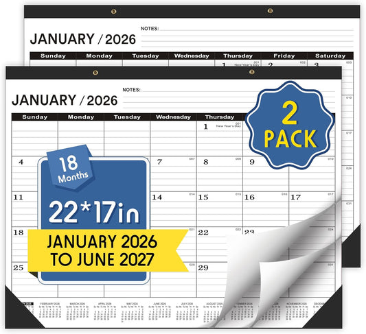Desk Calendar 2026-2 PACK,January 2026 to June 2027,Desk calendar 2026-2027 Large 22x17, Calendar 2026 with PVC Cover,Round Holes& NOTES List (Black),18 Months 2026 Desk Calender.