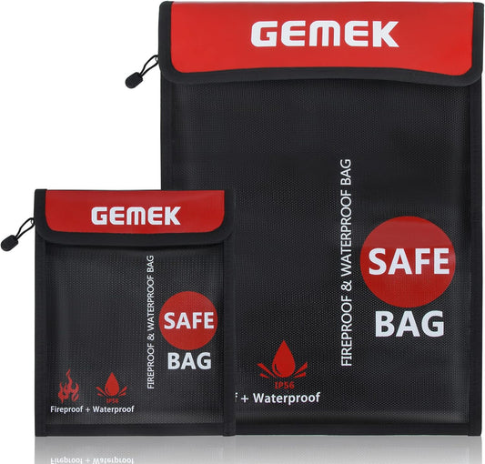 Fireproof Waterproof Money Document Bag 2 Pack, GEMEK Safe Zipper Bags, Fire & Water Resistant Storage Organizer Pouch for A4 A5 Documents Holder,File,Cash,Jewelry,Passport,Tablet,Laptop (Black)