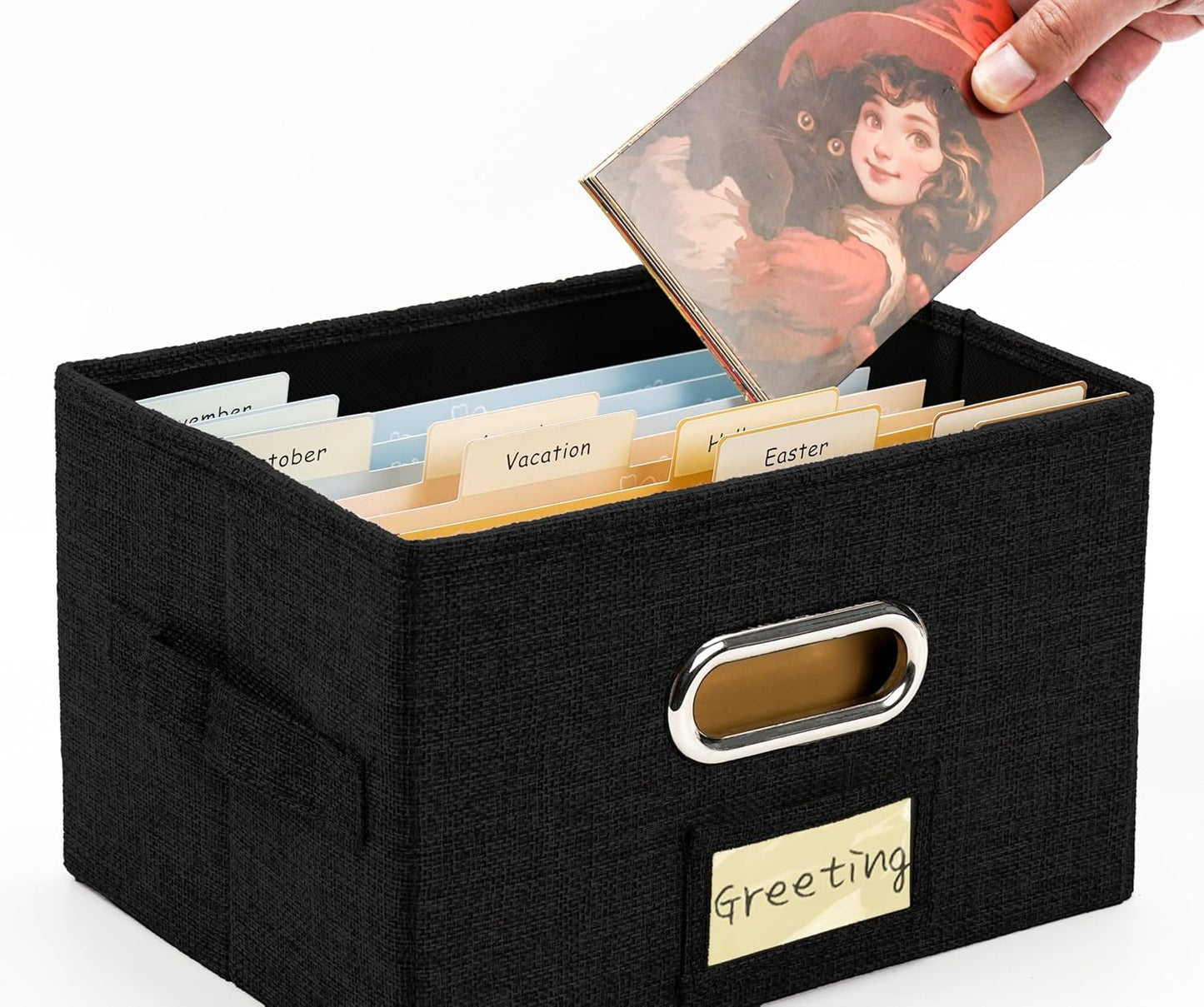 Greeting Card Organizer and Storage Box with 40 Pcs Adjustable Dividers, Storing Cards with 168 Pcs Labels Perfect for Storing Greeting Cards, Envelopes, Photos 2 Pack Black