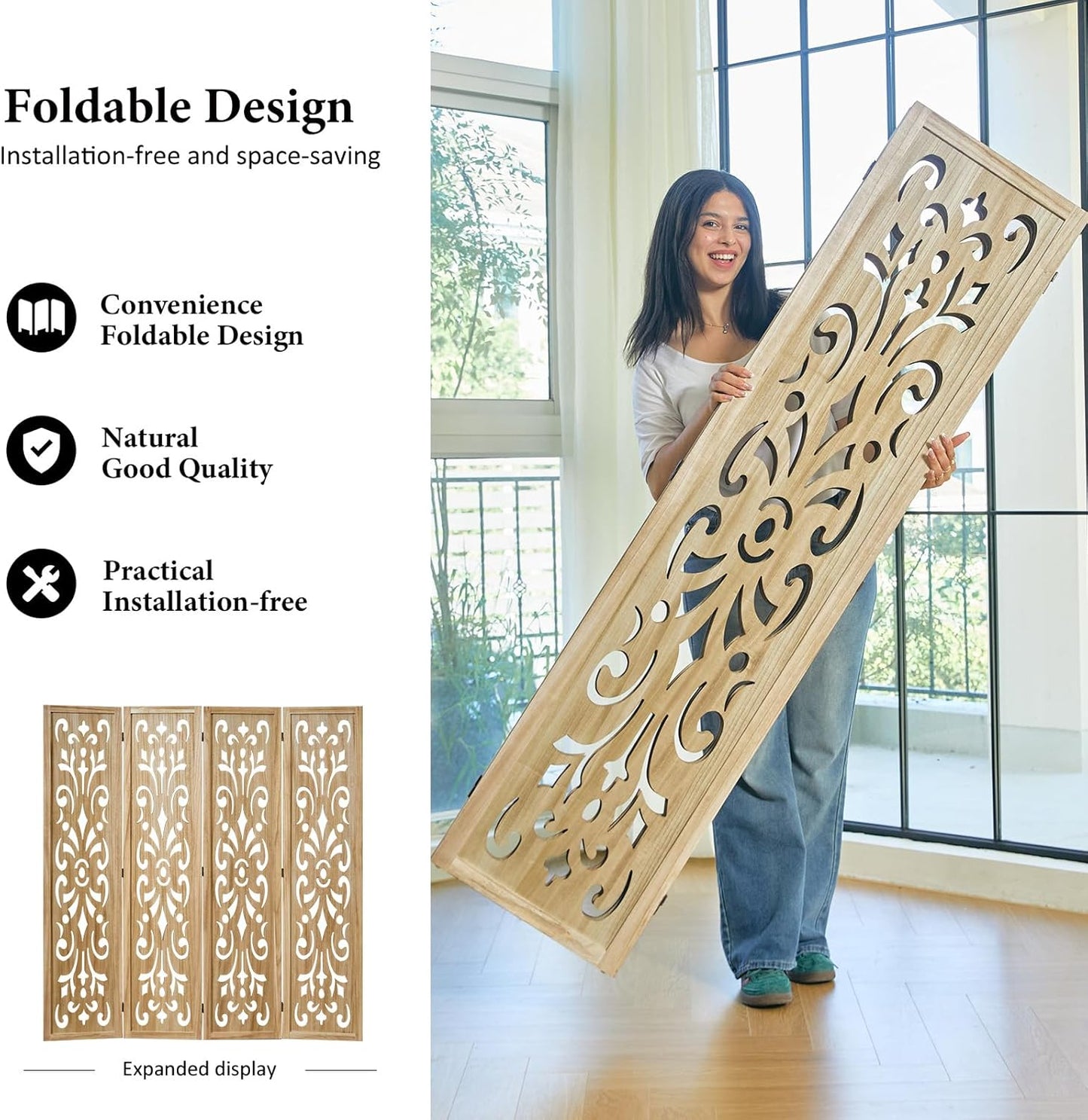 5.6Ft Room Divider Folding Wood Classical Carved Partition Screen for Home Office Garden - 4 Panels (Natural)