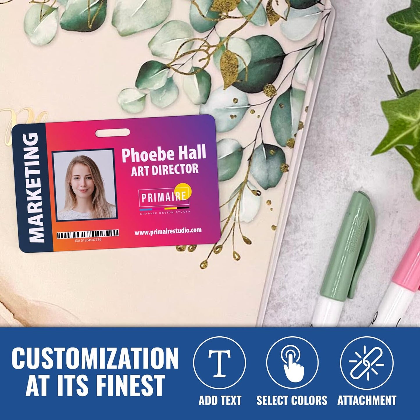 Custom Print Employee ID Badge with Vertical Side Text, Double Sided Print with Name, Photo, Logo, and Barcode – Unique Photo ID Card Solution (ID Horizontal)