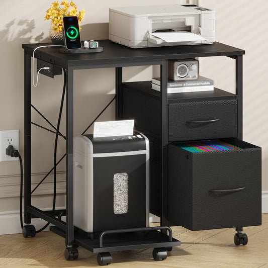 Printer Stand with Power Outlet/Fabric Drawers, Printer Cabinet with Storage Shelf and Rolling Shredder Stand, Printer Table for Home Office, 25.6"×17.7" Black