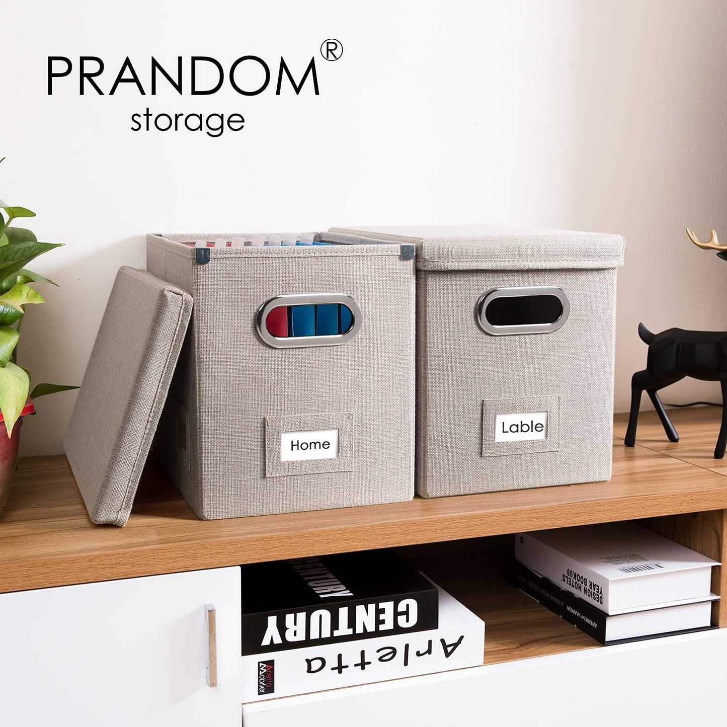 PRANDOM File Organizer Box - Set of 1 Collapsible Decorative Linen Filing Storage Hanging File Folders with Lids Office Cabinet Letter Size Light Grey (14x9.3x10.8 inch)