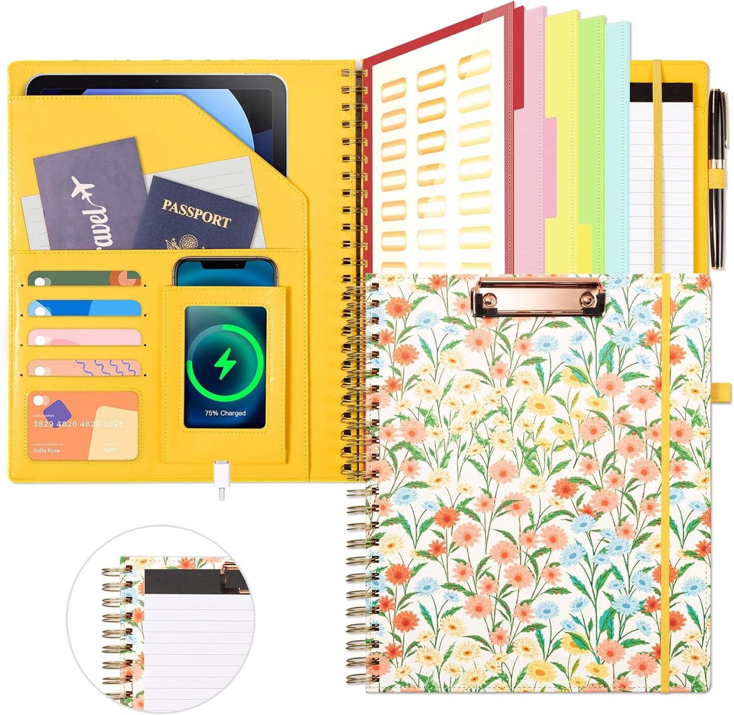 Clipboard with Storage for Men Women, Leather Padfolio Portfolio Organizer 5 Folders with 10 Pockets, Spiral Clipboard Folio with Notepad for Letter Size, Elastic Closure and Pen Loop Floral