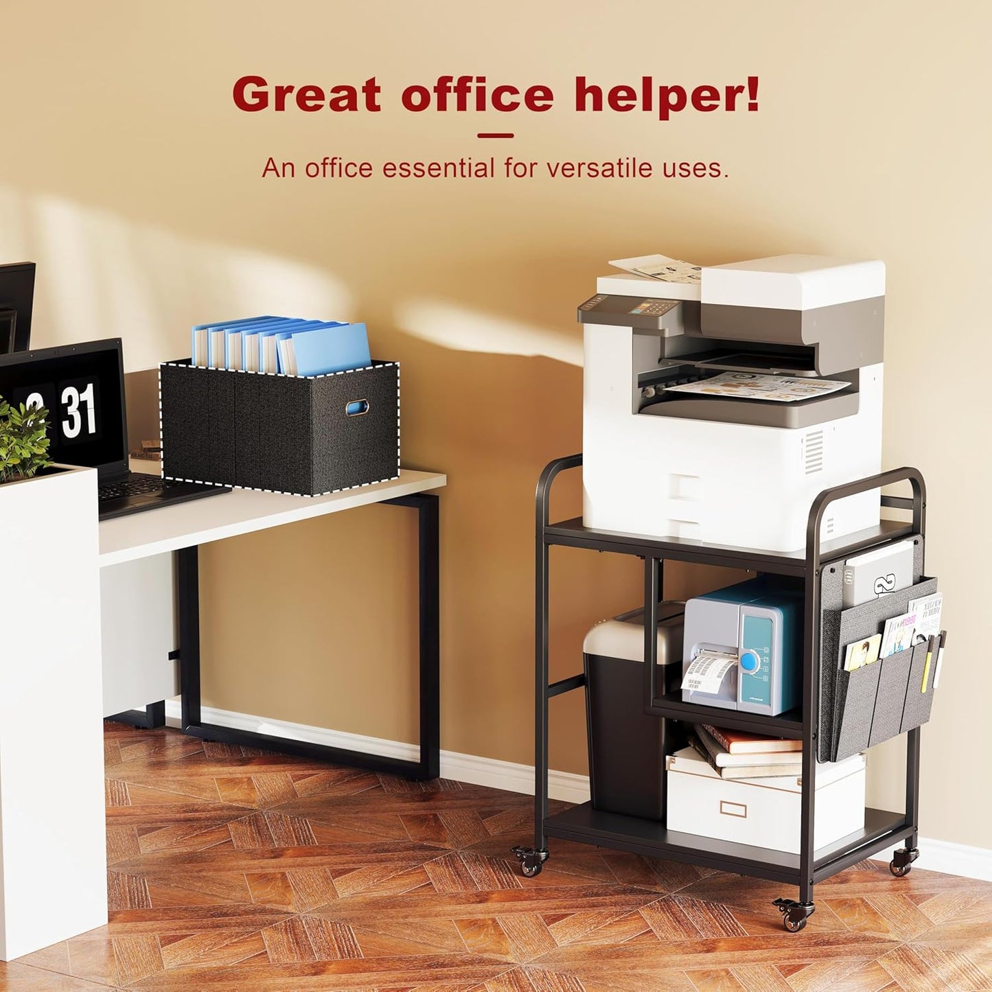 3 Tier Heavy Duty Printer Stand with Storage, Computer Tower Stand with Industrial Wheels & Drawer, Large Mobile Printer Table for Home Office Organization (Obsidian Black)