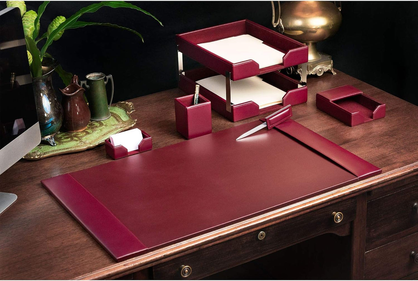 DACASSO Bonded Leather Desk Set - Luxury Leather Desk Pad & Desk Organization Essentials (Burgundy, 8 Piece)