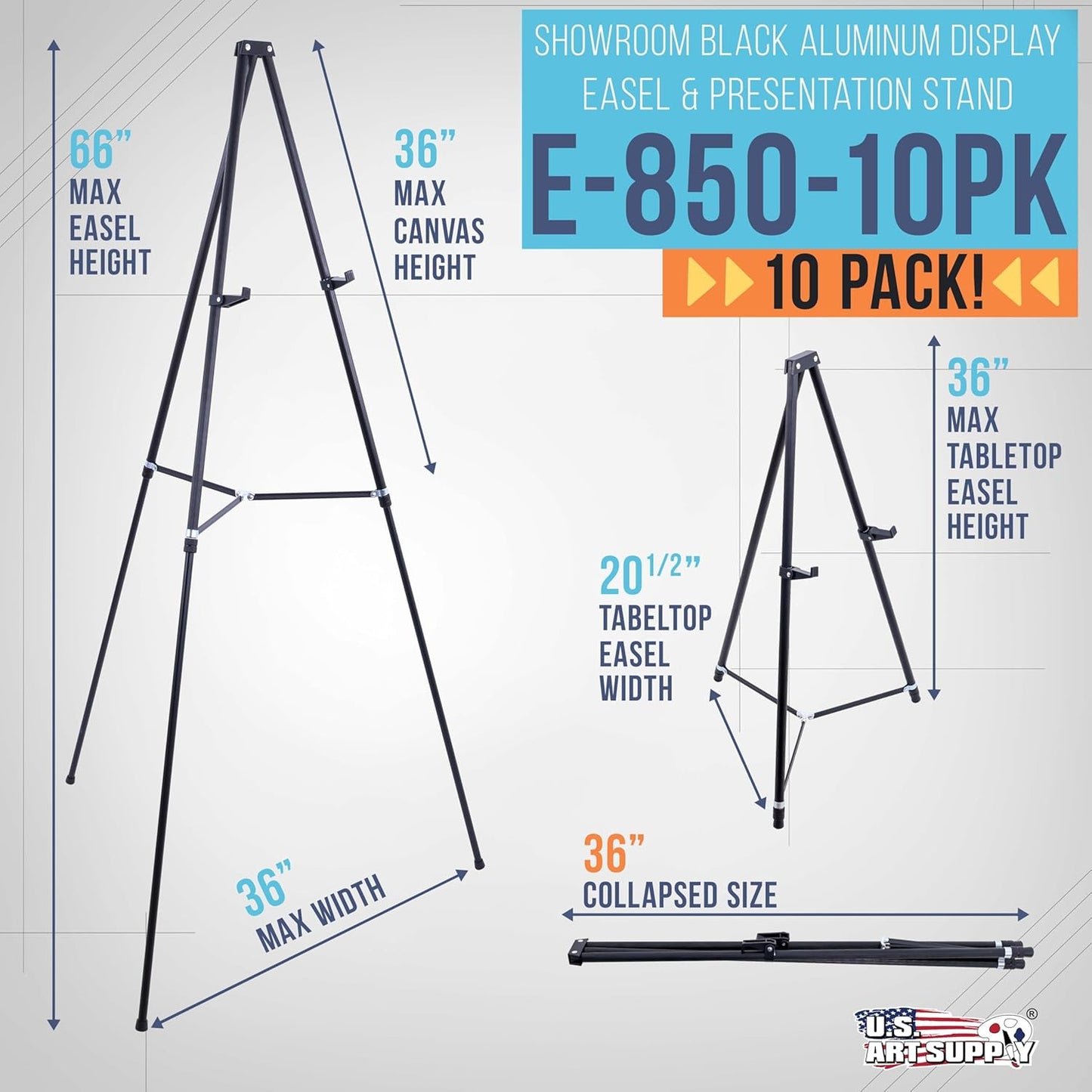 U.S. Art Supply 66" High Black Metal Display Art Easel (10 Pack) - Large Adjustable Height Portable Easel Stand, Sign Display, Holds 25 lbs - Floor & Tabletop Easels, Sign Stand