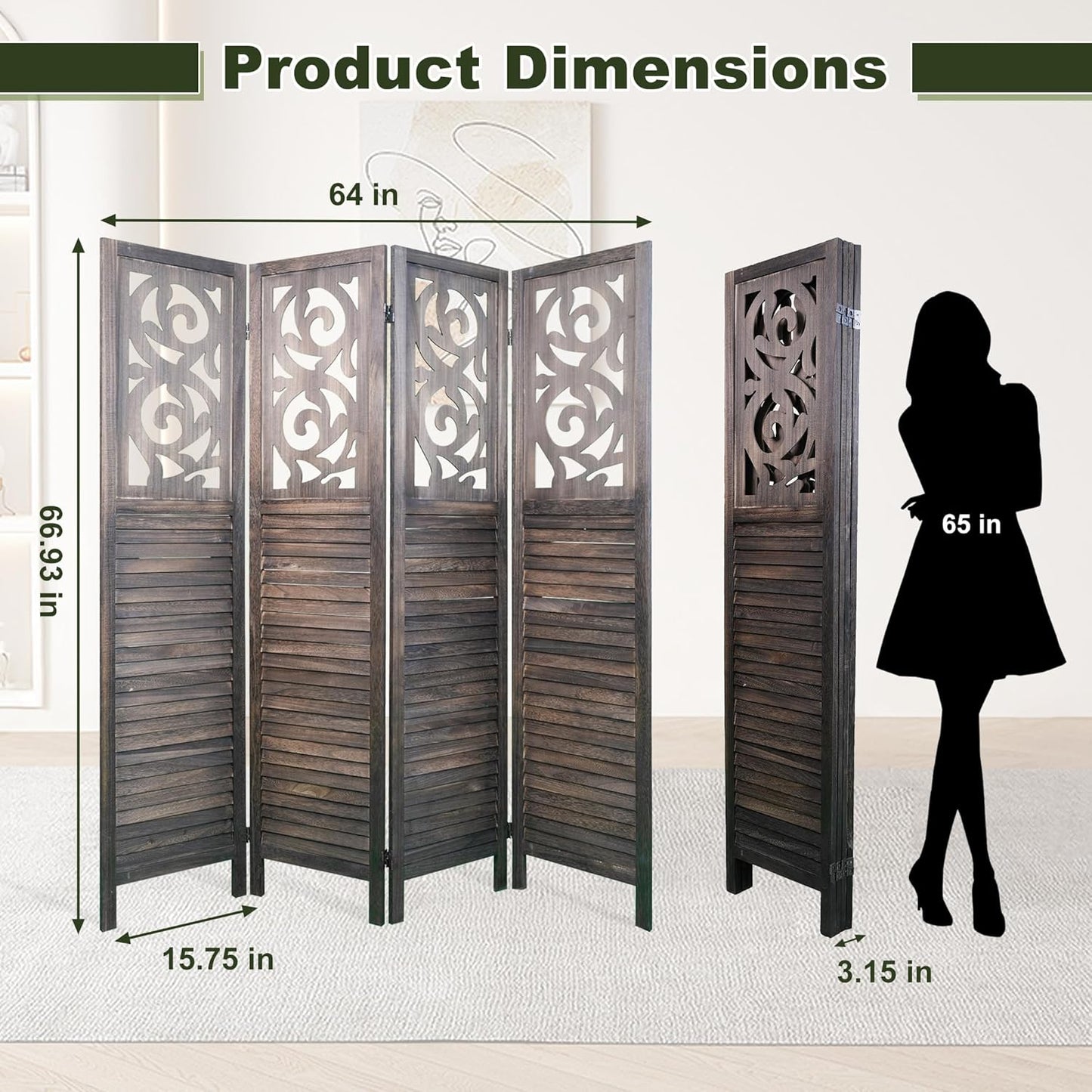 NicBex 4 Panel Room Divider 5.6FT Wood Carved Room Dividers, Folding Privacy Screens Portable Freestanding Partition Wall Dividers for Home Bedroom Office, Rustic Brown