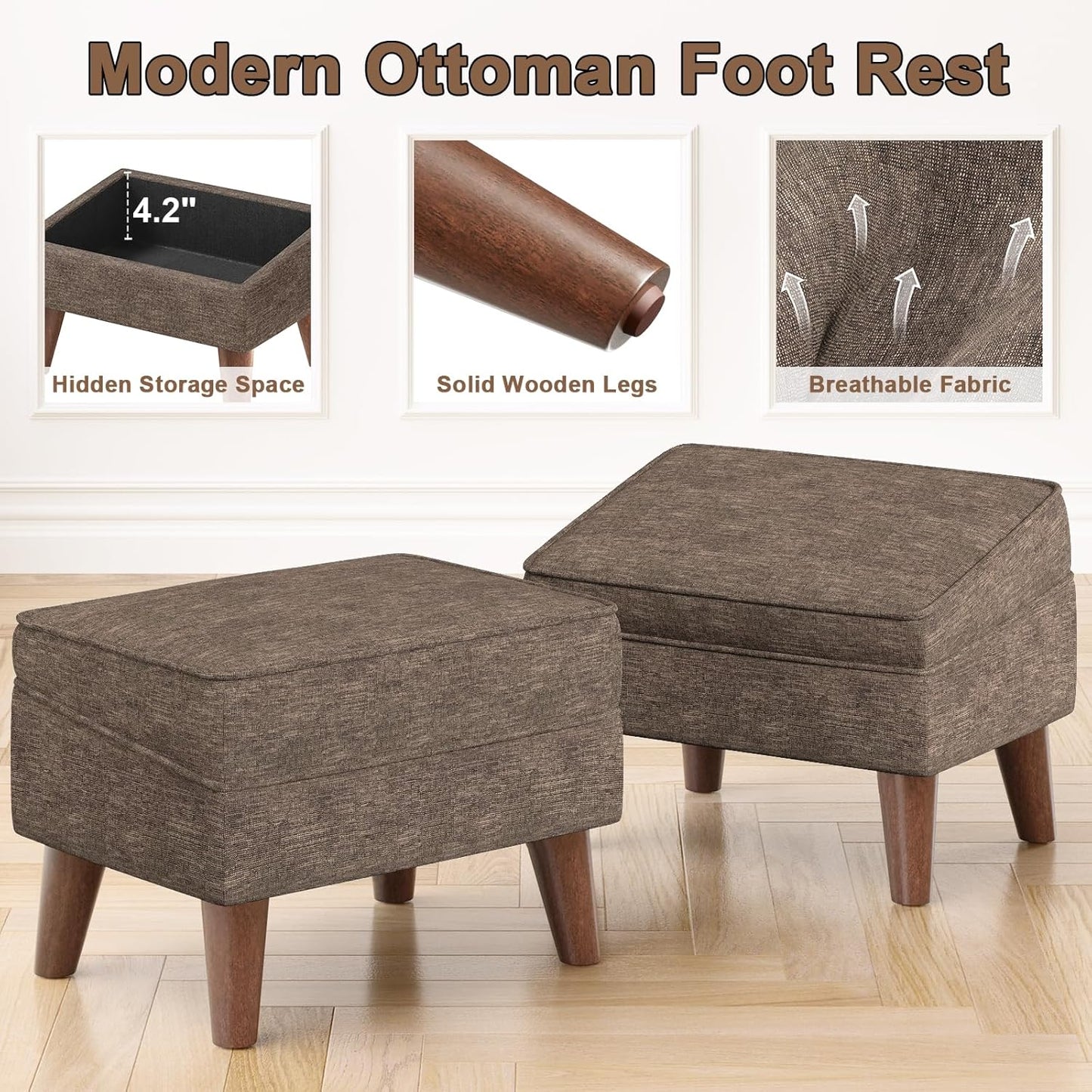 Small Footstool Ottoman with Adjustable Lid, Modern Storage Ottoman, Foot Rest for Couch, Foot Stool with Sturdy Wood Legs for Living Room, Bedroom, Enterway, Brown