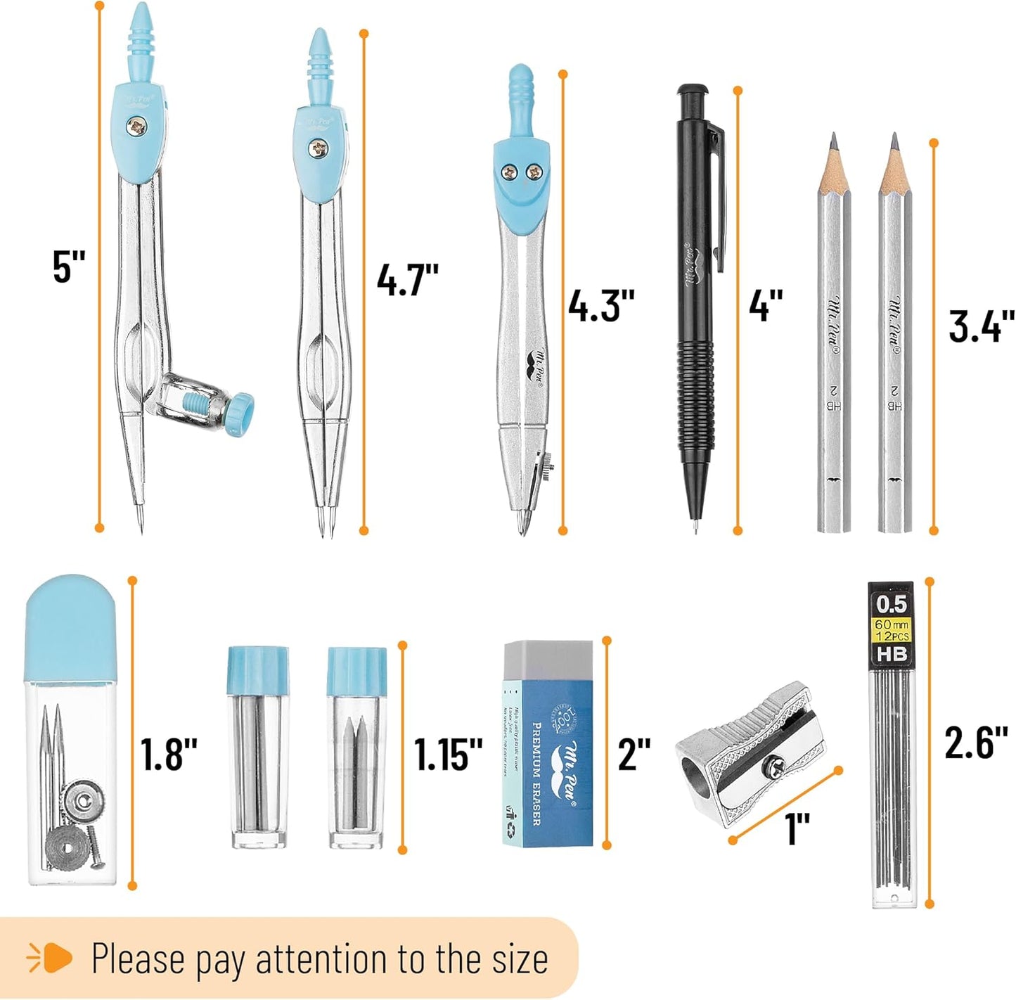 Mr. Pen- Geometry Set, 15 pcs, Light Blue, 6 Inch Swing Arm Protractor, Divider, Set Squares, Ruler, Compasses and Protractor