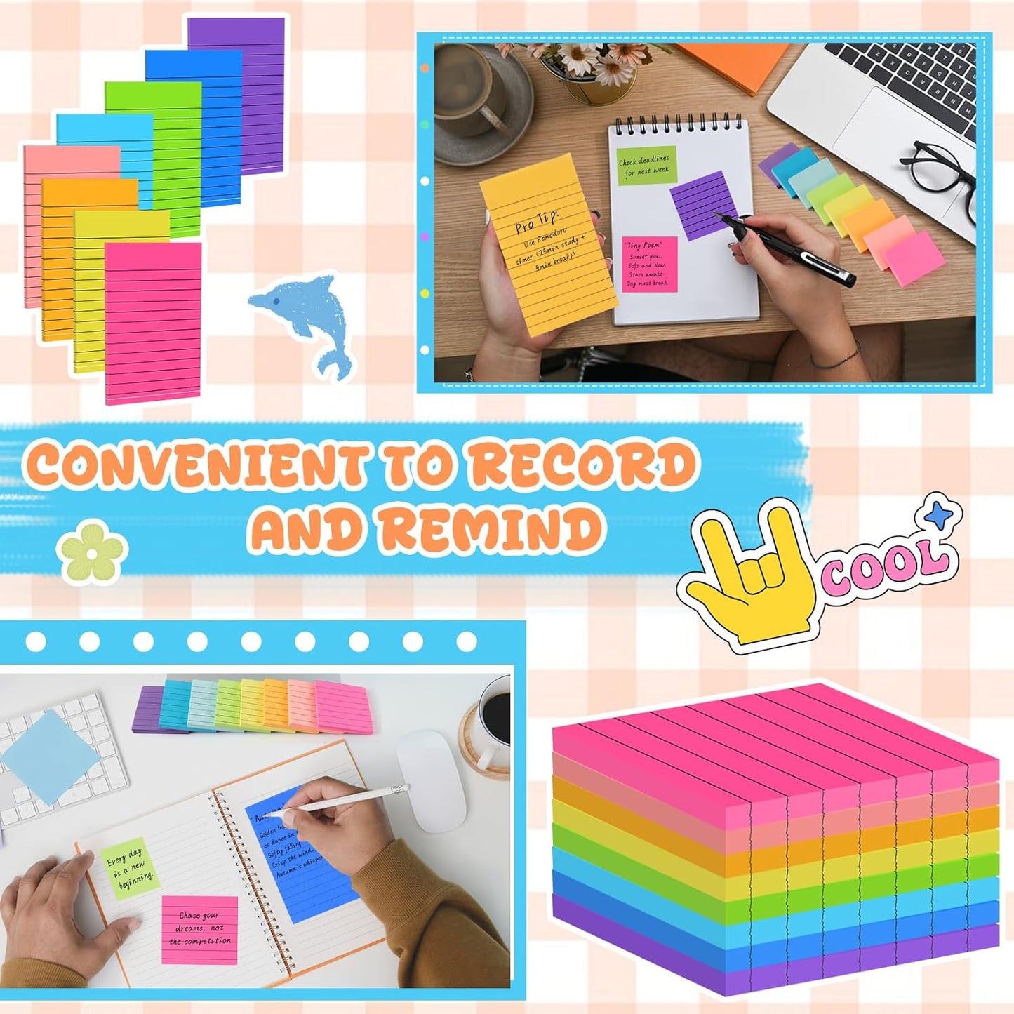 Leinuosen 64 Pack Lined Sticky Notes Self Stick Notes with Lines Bright Assorted Colors Sticky Pad for Home Office Products Post Memos, 2560 Sheets