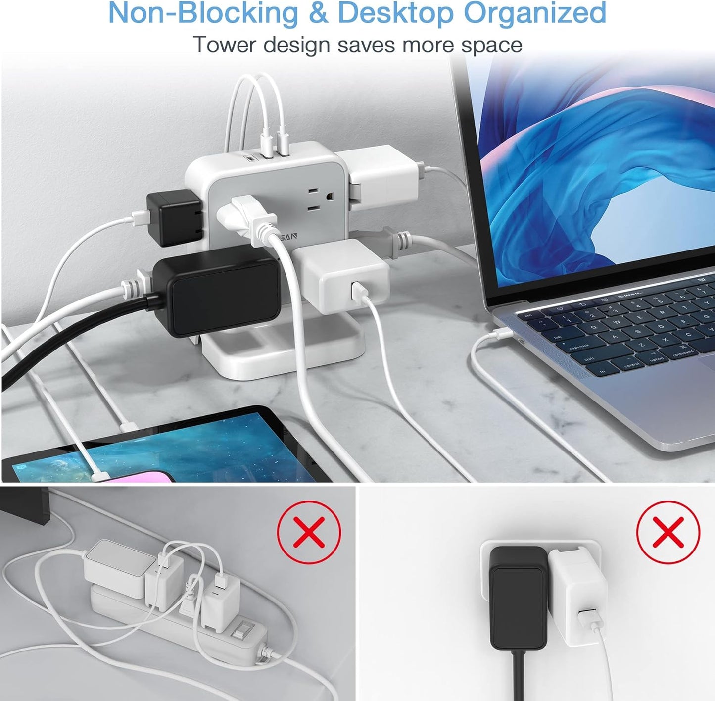 Power Strip Tower Surge Protector, TESSAN 8 AC Outlets with 3 USB (1 USB C Port), 5 FT Flat Plug Extension Cord with 900 Joules Protection, Desk Charging Station for Home Office Supplies, Dorm Room