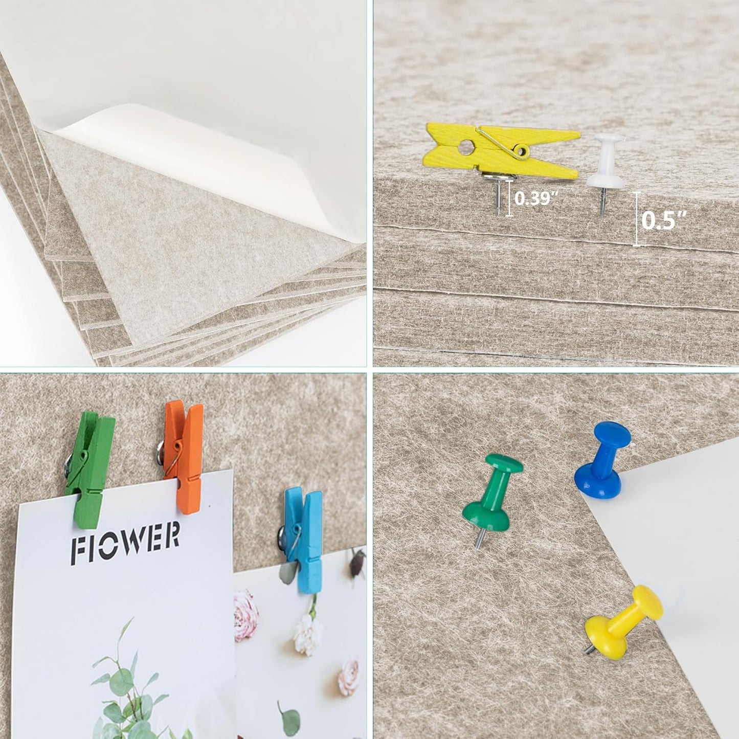 AKTOP Cork Bulletin Board 12x12, 1/2" Thick Felt Cork Board Tiles 6 Pack, Small Square Pin Board for Wall, Self Adhesive Corkboards with 60 Push Pin Wood Clips for School, Home & Office, Latte