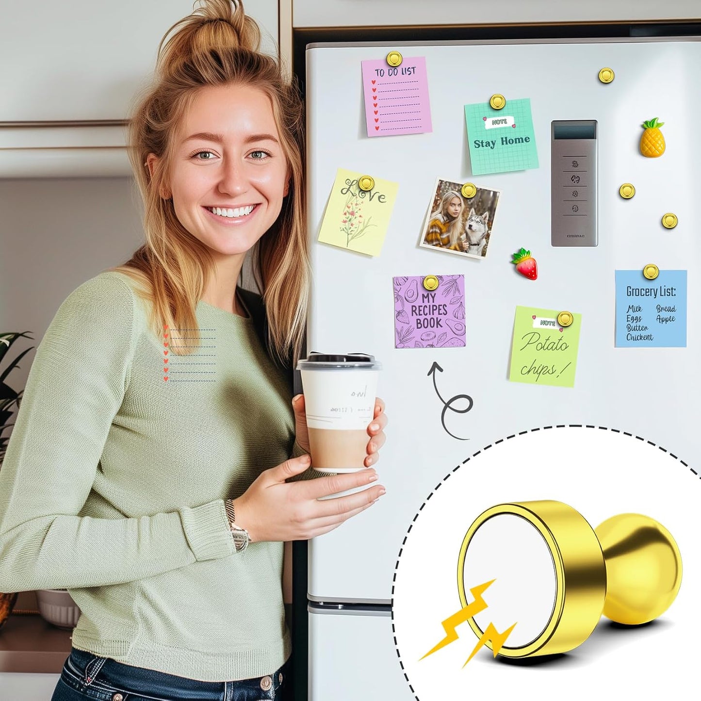 FINDMAG Gold Fridge Magnets, Small and Strong Whiteboard Magnets, Magnetic Push Pins for Adult, Refrigerator, Office Accessories, Home Decor