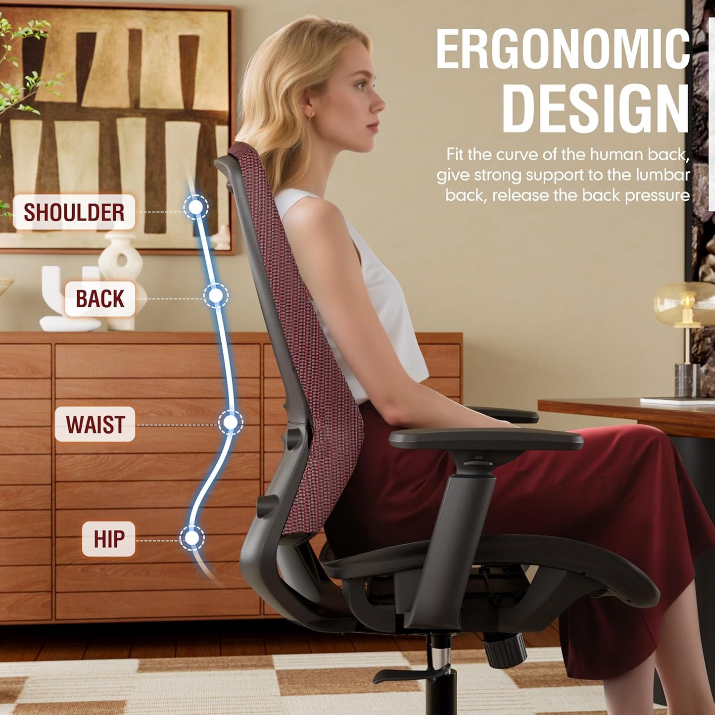 ELABEST T96 Mesh Office Chair,Ergonomic Computer Desk Chair,Sturdy Task Chair- Adjustable Lumbar Support & Armrests,Tilt Function,Comfort Wide Seat,Swivel Home Office Chair
