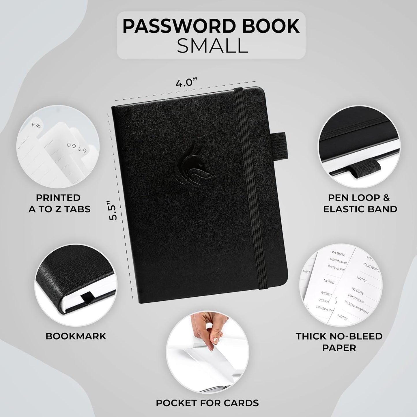 Clever Fox Password Book with alphabetical tabs. Internet Address Organizer Logbook. Small Pocket Password Keeper for Website Logins (Black)