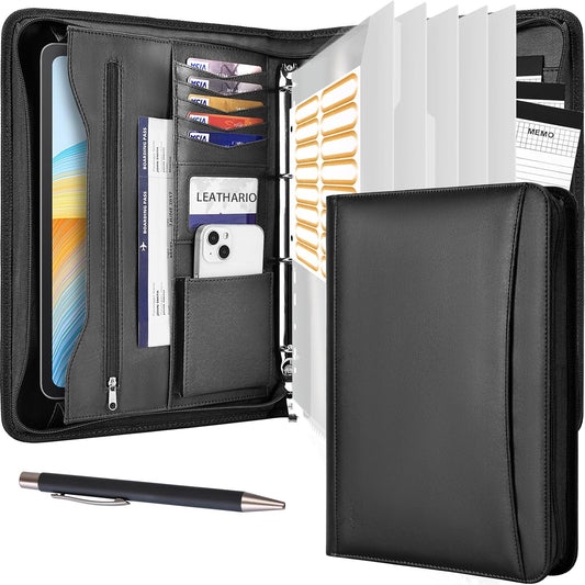 Leathario Portfolio Binder, Includes 10 Sheet Protectors and 3 Notepads, 3-Ring Folder Organizer, A4 Padfolio with Zipper, Vegan Leather Tablet Sleeve, Business Office Conference Clipboards