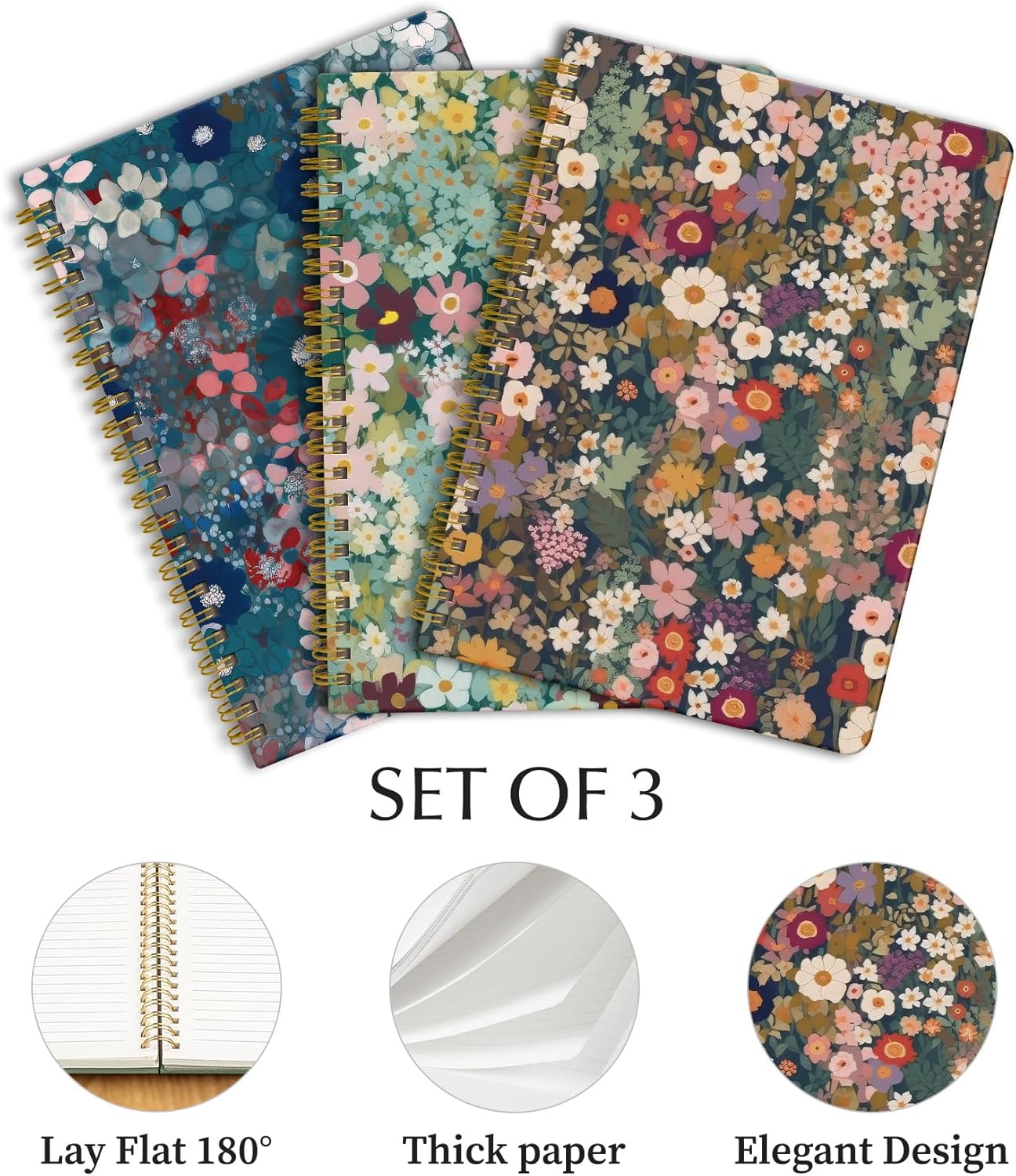 Taja Aesthetic Set of 3 Spiral Notebook for Work, A5 Cute Pretty Lined Journal for Women & Writing, College Ruled Journaling Notebooks, Perfect for School & Office Supplies - Wild Garden
