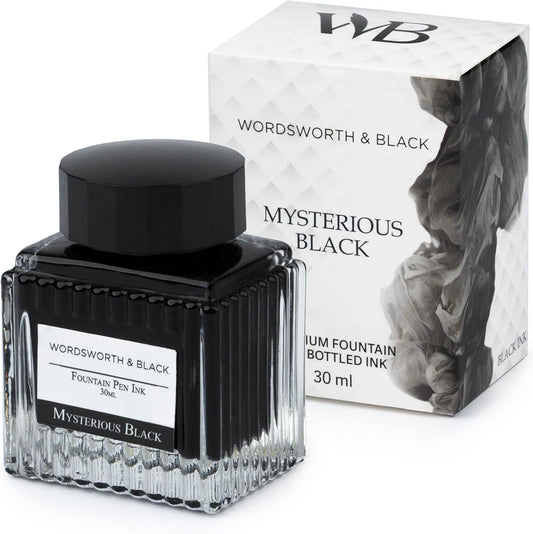 Wordsworth and Black Fountain Pen Ink Bottle (30 ml) Premium Luxury Edition, [Mysterious Black] Fountain Pens Bottled Ink; Classic Designed Bottle Smooth Flow 30 ml
