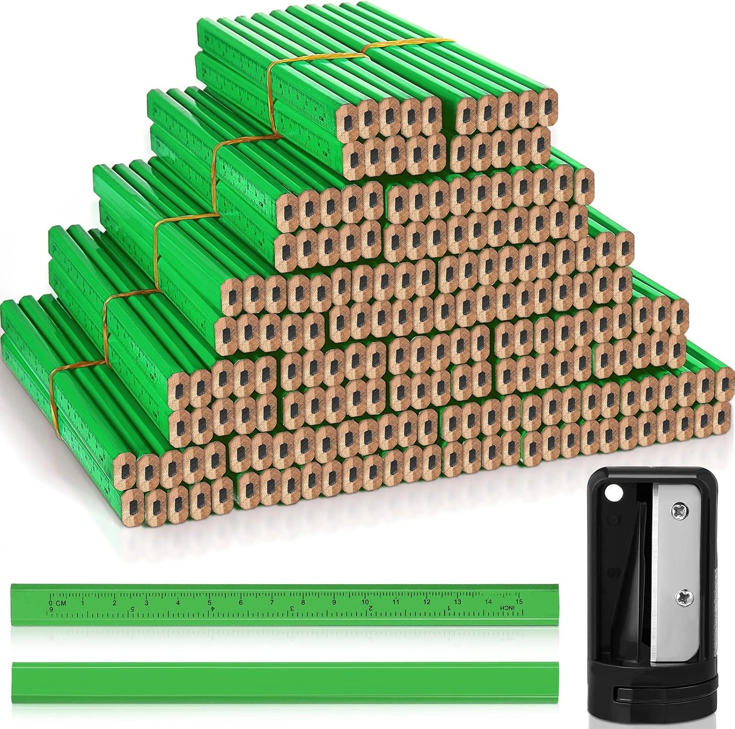 Honoson 200 Pcs Flat Construction Pencils with Printed Ruler Wood Graphite 2 Pcs Carpenter Pencil Sharpener for Woodworking Marking Tool(Green)