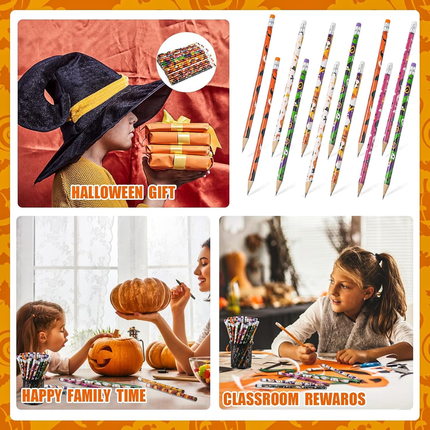 LOMIMOS 120pcs Halloween Pencil Bulk,Colorful Wooden with Eraser 12 Patterns Stationery for Kid Trick or Treat Gift Prize Party Favor School Office Supply Goody Bag Classroom Reward