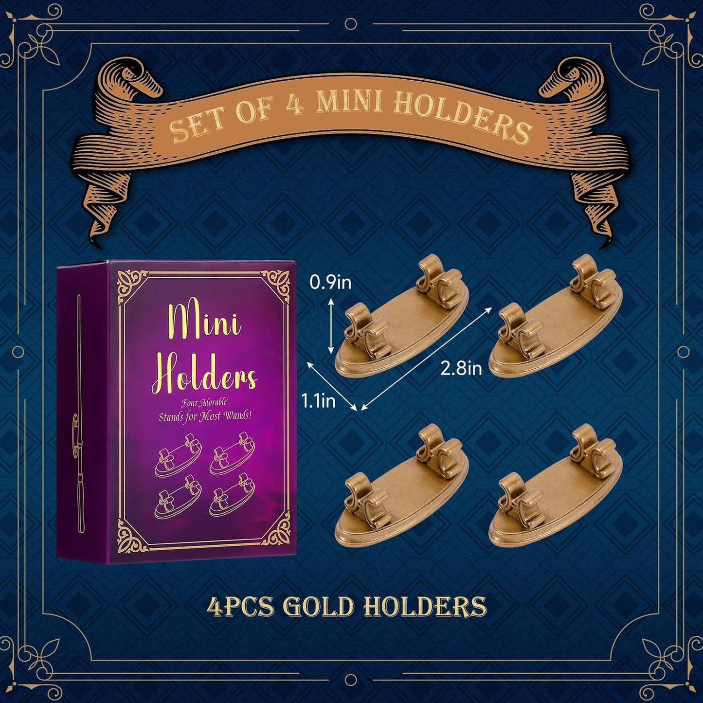 4PCS Resin Pen Holders Wizard Magic Wand Display Stands Mini Holders for Pencil Desk Decor Collection, 2.8'' L×1.1'' W× 0.9'' H, Gold