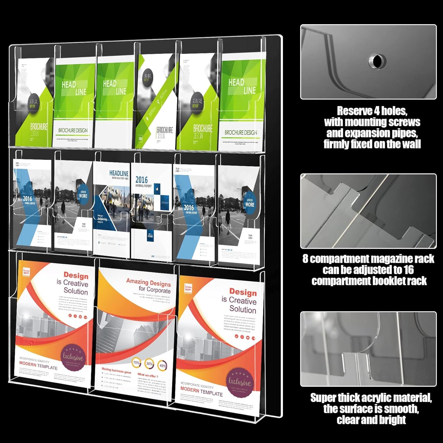 Weysat Acrylic Brochure Holder Wall Mount, Clear Plastic Pamphlet Holder Magazine Display Trifold Flyer Rack Hanging Literature Storage Organizer(3 Magazine Pockets, 12 Pamphlet Pockets)