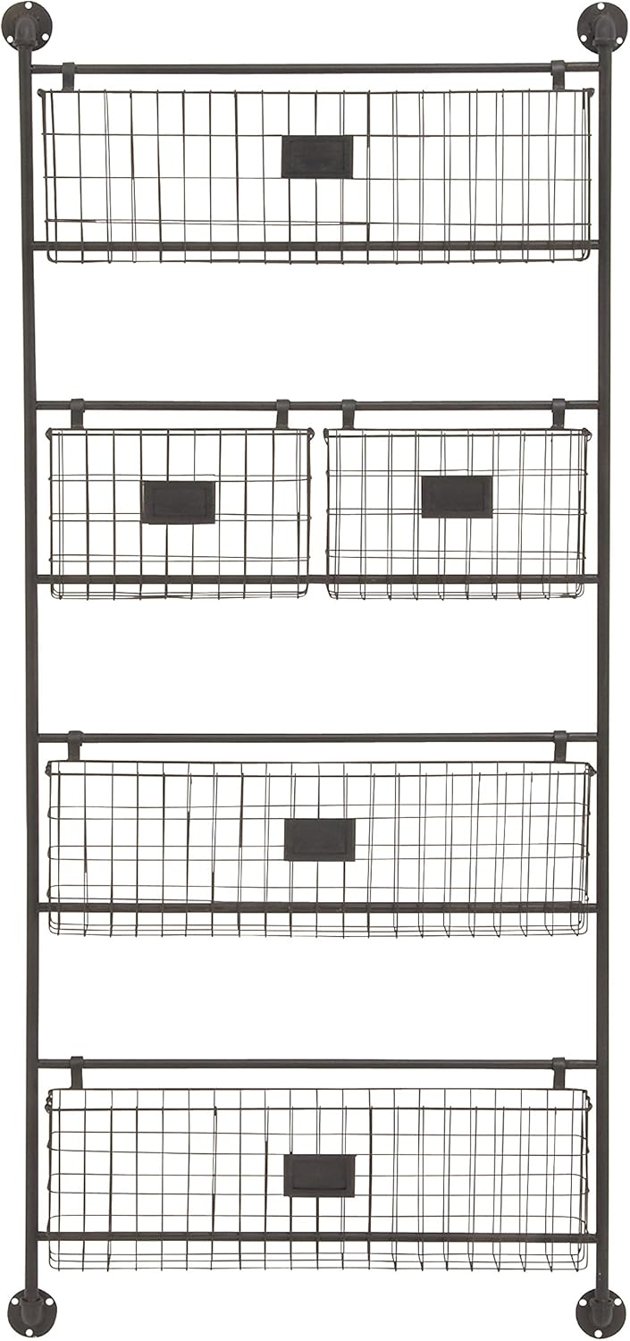 Deco 79 Metal Tall Wire 5 Slot Magazine Rack Holder with Suspended Baskets and Label Slots, 27" x 5" x 61", Black