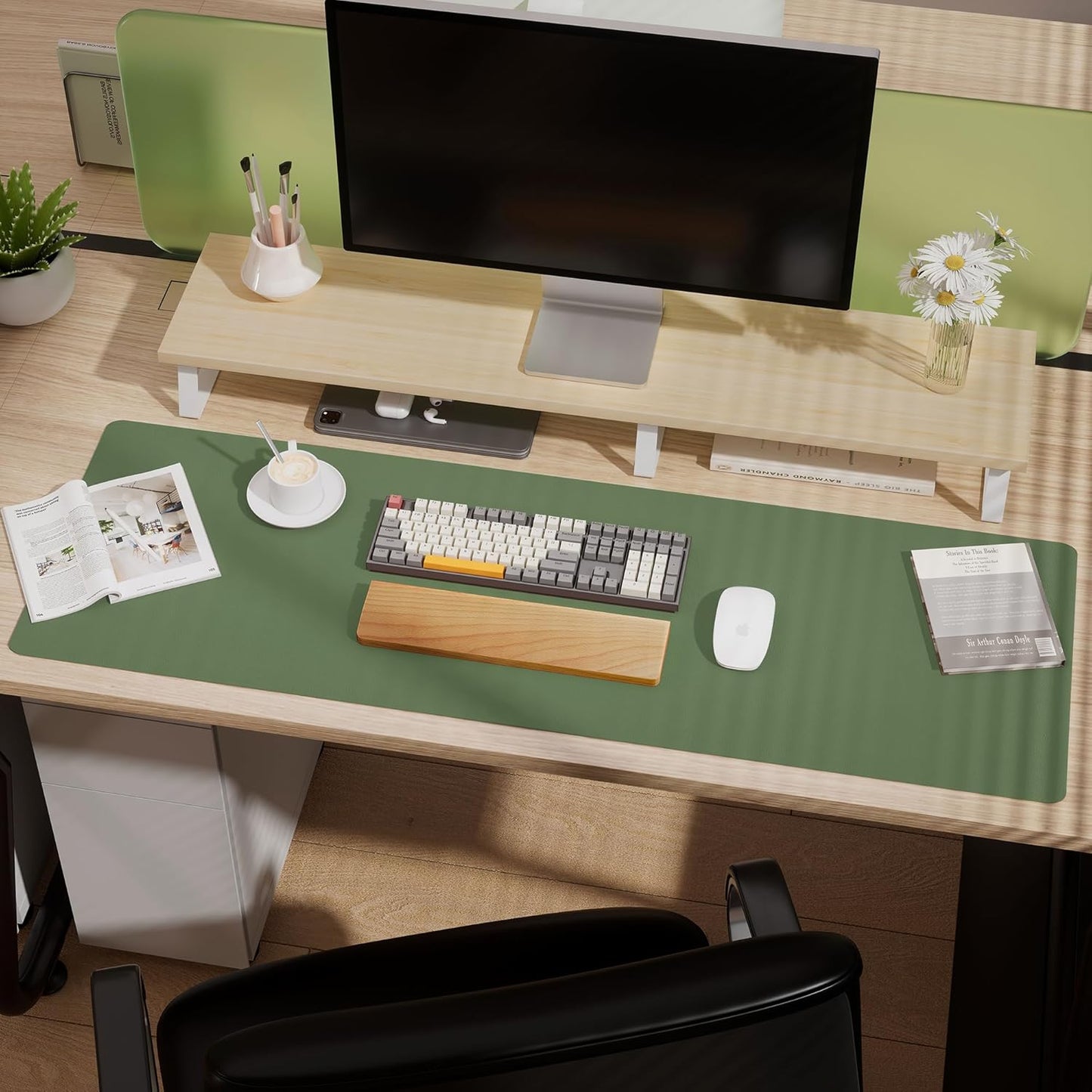 Aothia Leather Desk Pad Protector, Office Desk Mat, Large Mouse Pad, Laptop Desk Pad, Non-Slip PU Leather Desk Blotter, Waterproof Desk Writing Pad for Office and Home (Olive Green, 47" x 17")