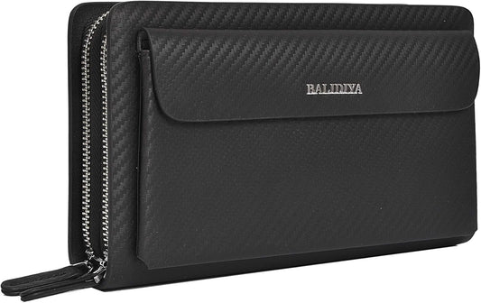Leather Men Clutch Bag Long Wallet Purse Card Holder Case Business Large Clutch with Double Zip Handbag