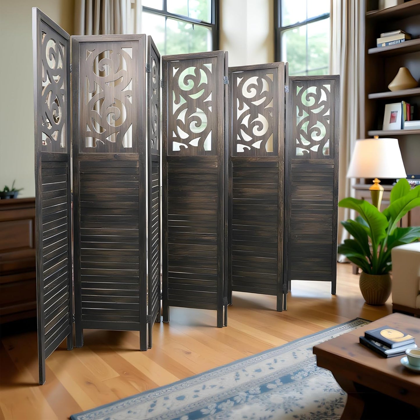 NicBex 8 Panel Room Divider,5.6FT Wood Carved Room Dividers,Folding Privacy Screens Portable Freestanding Partition Wall Dividers for Room Separation,Home Bedroom Office,Rustic Brown