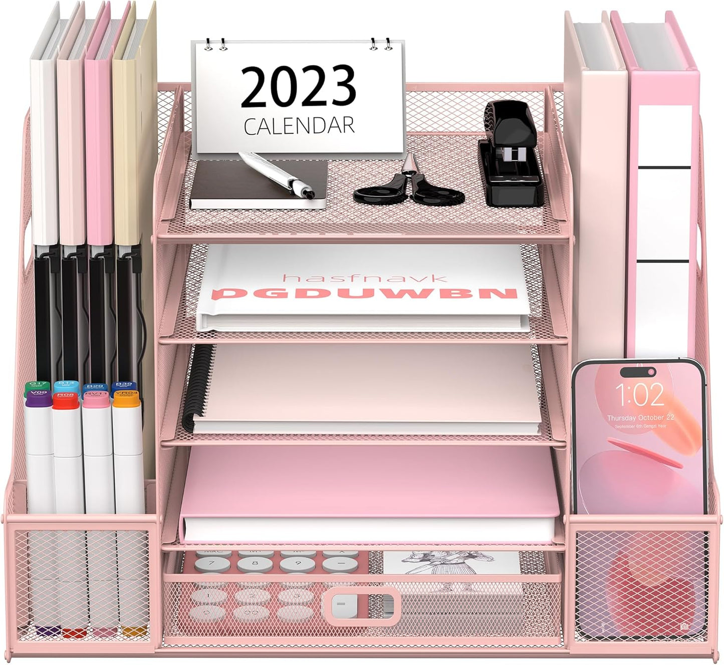 SUPEASY Mesh Desk Organizer with File Holder, 5-Tier Paper Letter Tray Organizer with Magazine Holder, Desktop Organizer and Storage with Drawer for Office Supplies Home or School, Pink