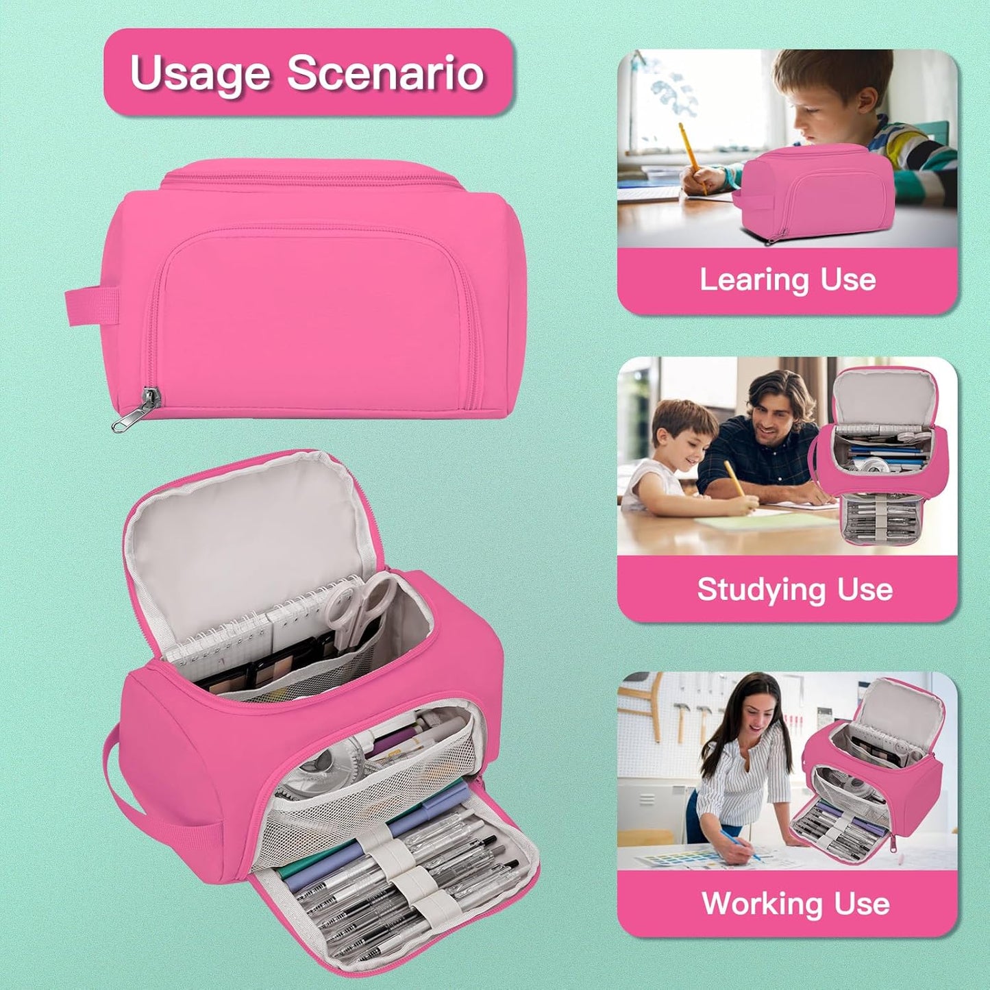 Hsmihair Large Pencil Pouch,Pencil Case Aesthetic,Zipper Pencil Box for Girls Back to School Supplies Emergency Bag Makeup Bag (Deep Pink)