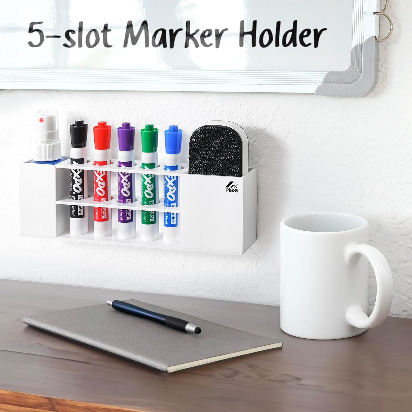 Slim Magnetic Dry Erase Marker Holder for Whiteboard, Space Saving Pen Organizer with Glass and Wall Mount Accessories for Fridge, Office, and School. (White)