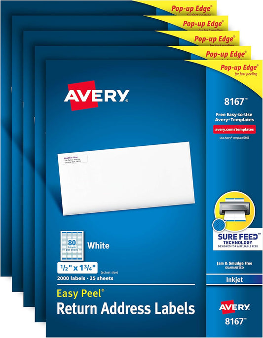 Avery Mailing Address Labels, Inkjet Printers, 10,000 Labels, 1/2 x 1-3/4, Permanent Adhesive, Easy Peel (5 Packs 8167)