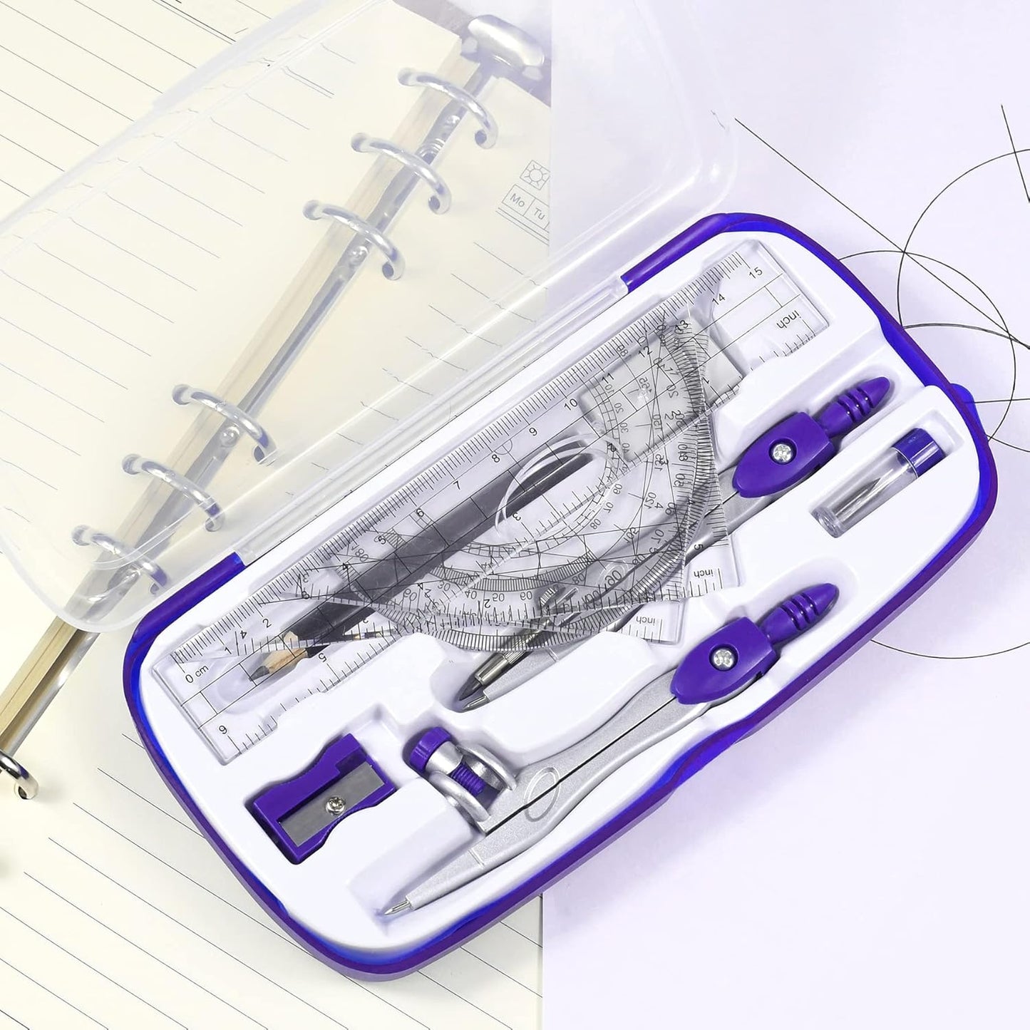 Math Geometry Kit Sets 10 Piece Student Supplies with Shatterproof Storage Box,Includes Rulers,Protractor,Compass,Eraser,Pencil Sharpener,Lead Refills,Pencil,for Drafting and Drawings（Purple）