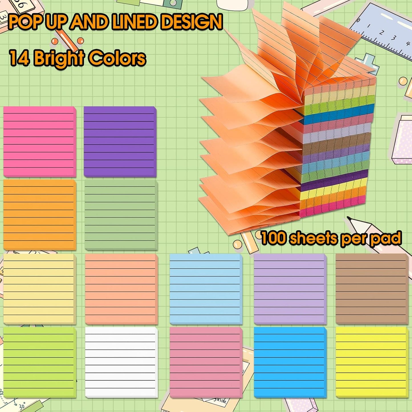 14 Pads Pop Up Sticky Notes,1400 Sheet Lined Sticky Notes 3x3 Inch,Self-Stick Notes Pads with Lines,Bright Multi Colors Easy Post Notes Pop up Refill for Office Study School Daily Life,100 Sheets/Pad