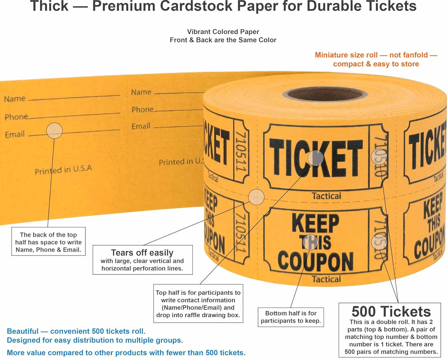 Tacticai 500 Raffle Tickets, Orange (1 of 8 Colors), Double Roll, Ticket for Events, Entry, Class Reward, Fundraiser & Prizes
