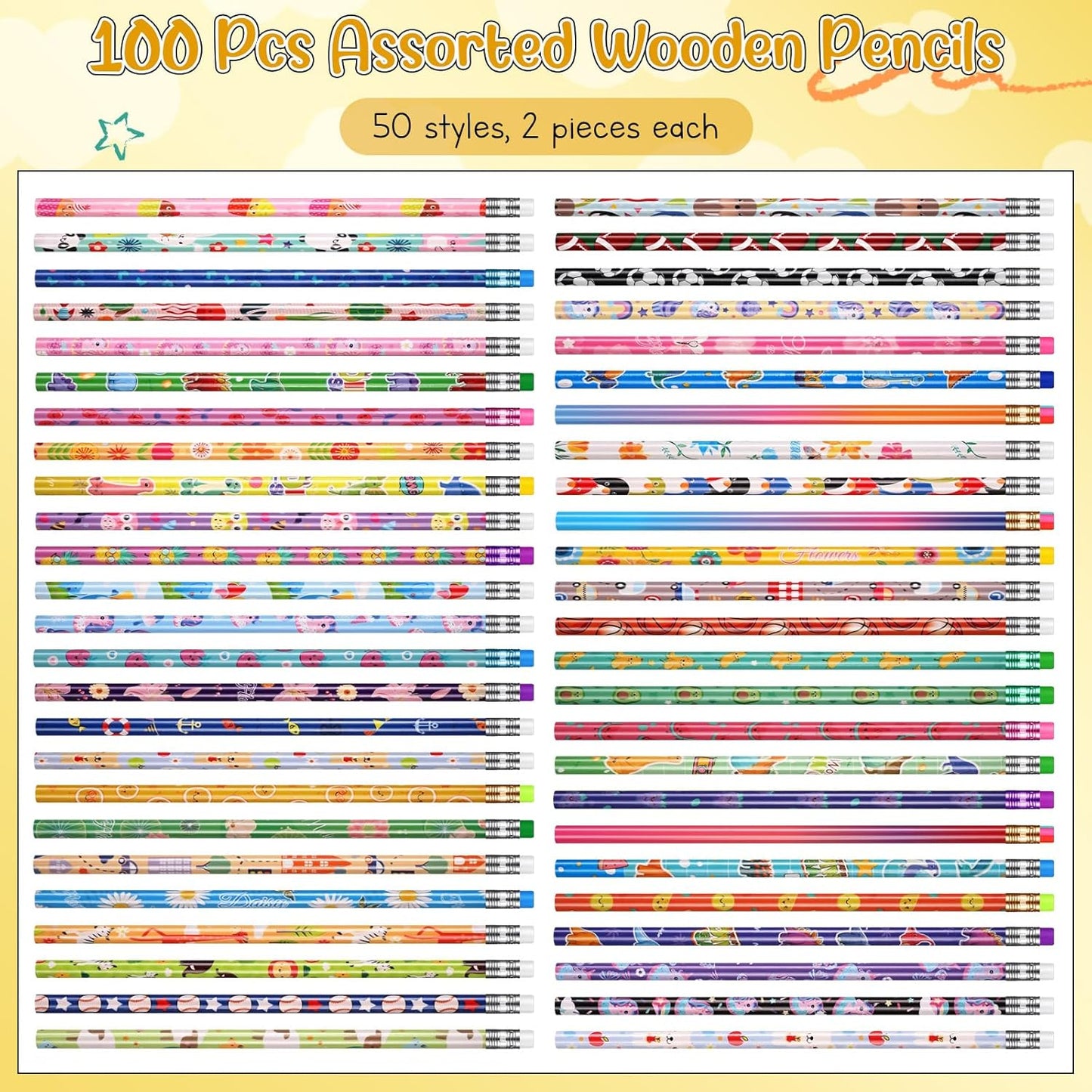 Sabary 100 Pcs Assorted Wood Pencil Bulk 50 Styles #2 HB Colorful Novelty Fun Dinosaur Animals Fruits Sports Pencils with Erasers Back to School Supplies for Kids Student Teacher Classroom Reward