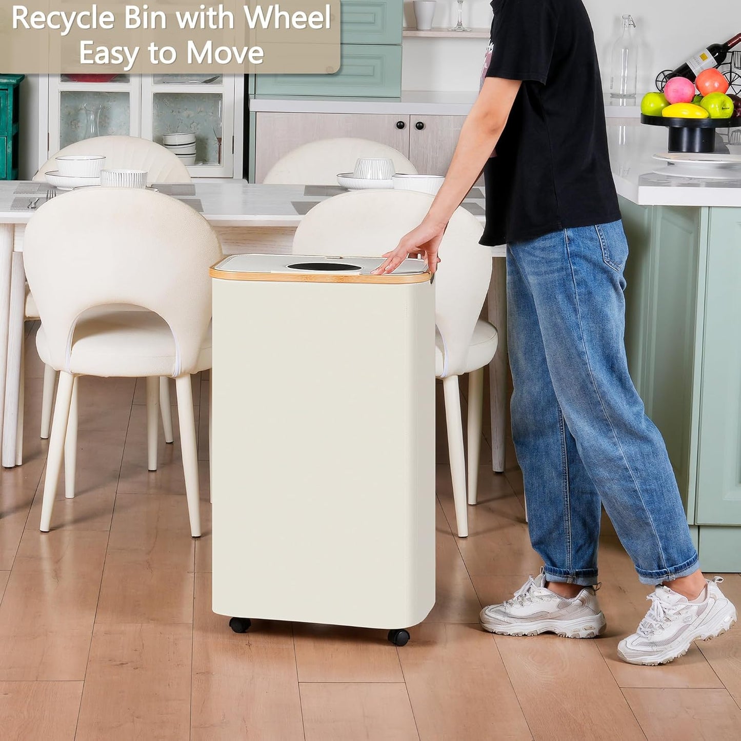 efluky Recycle Bins for Kitchen 100L (26 Gallon), Recycling Bin with Wheels and 2 Removeable and Reusable Inner Bags, Kitchen Recycling bin with lid for Bottle Can Plastice Stickers, Beige