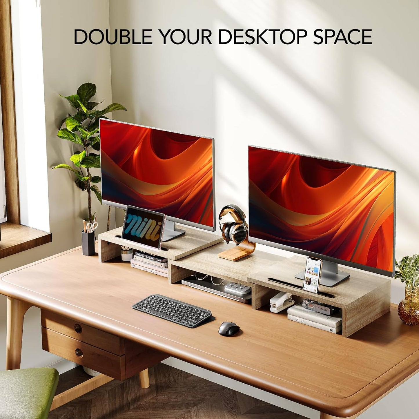 AMERIERGO Dual Monitor Stand Riser- 3 Shelf Screen Stand with Adjustable Length and Angle, 2 Extra Functional Slot Desktop Organizer Stand for PC, Computer, Laptop (Light Wood)