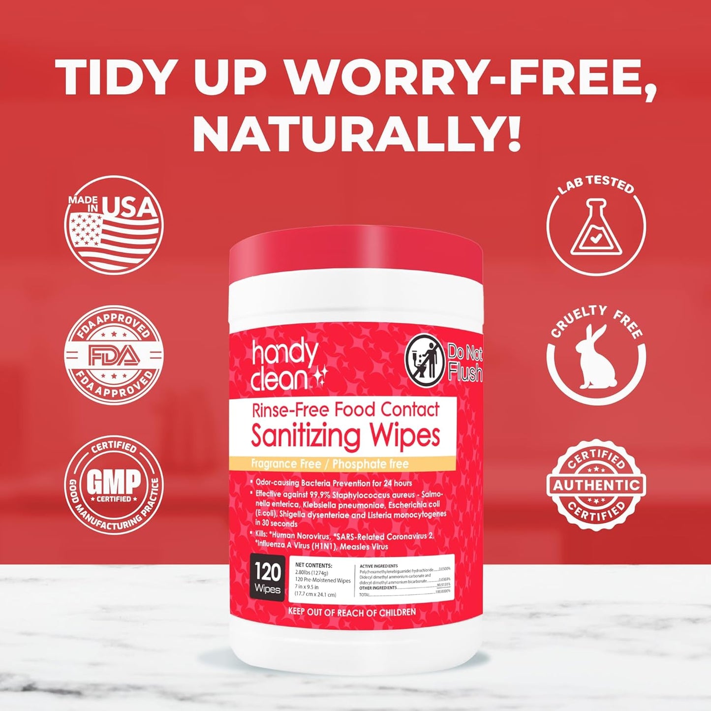 HandyClean Rinse-Free Food Contact Sanitizing Wipes Canister, Multi Surface Cleaning Supplies for Kitchen and Professional Setting One Canister (120 Wipes)