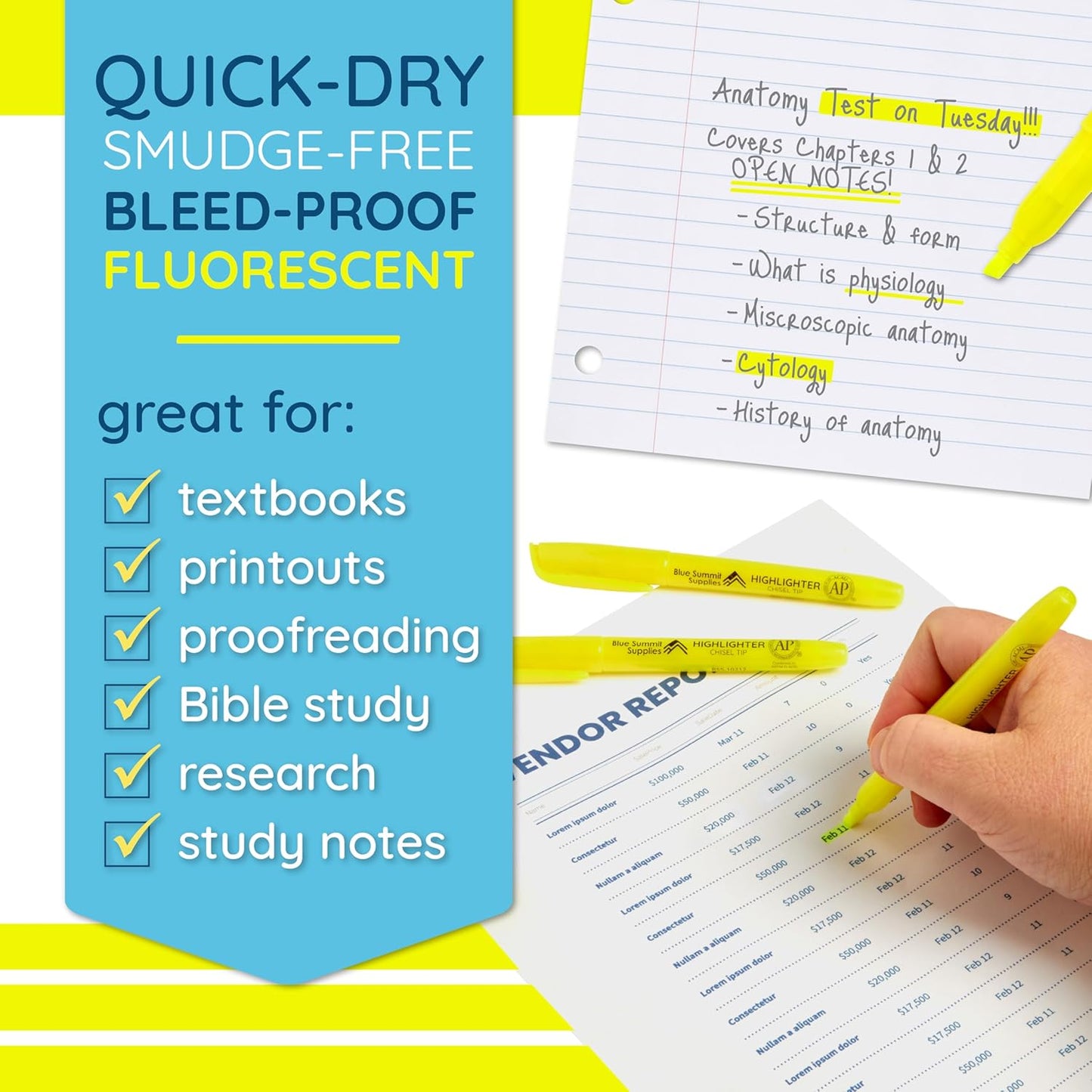 Blue Summit Supplies 100 Pack Chisel Tip Yellow Highlighters Bulk Classroom, Pocket Thin Highlighters Yellow Bulk for Adults and Kids Highlighting in Home, School, or Office, Quick Dry