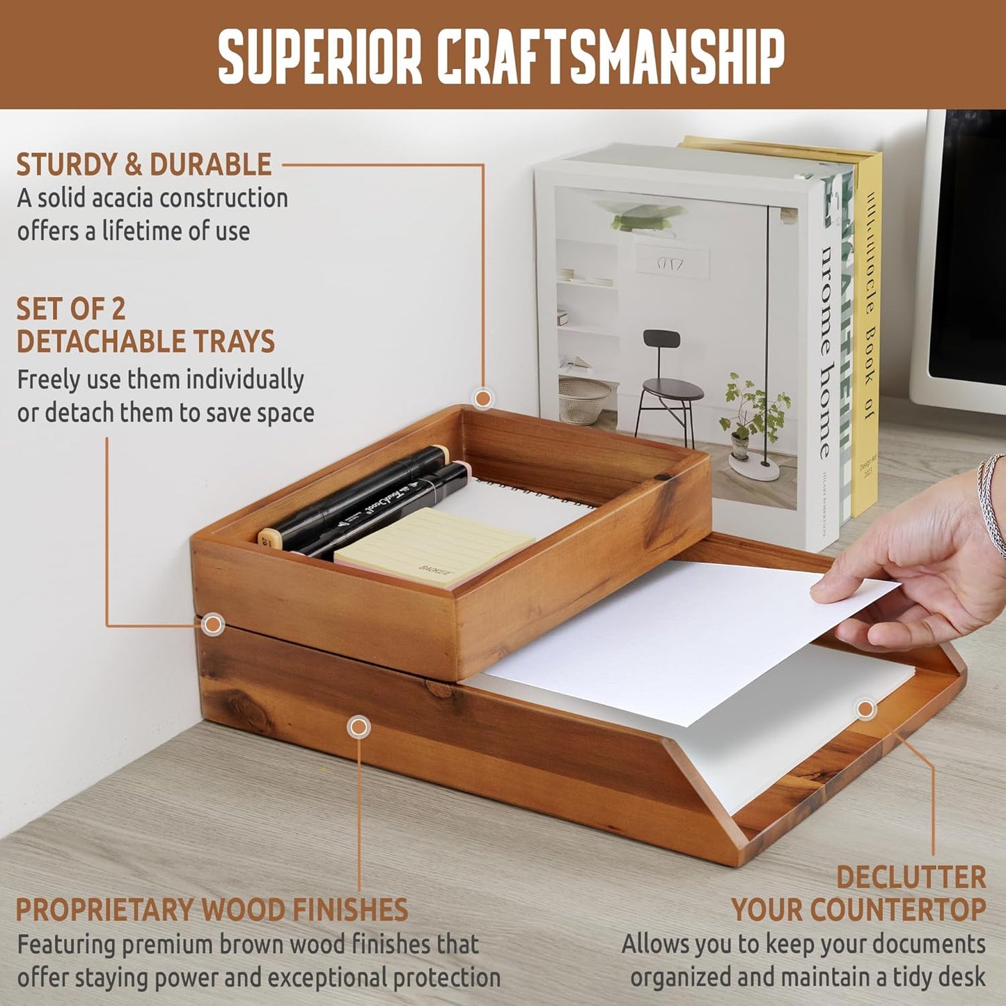 Demigo Desk Organizer Letter Tray Set of 2, Acacia Wood Tabletop Desktop for Storage Paper Letter Folders Notebooks Copy Print, Workspace Holder, Keep Stationery Saver (Brown)