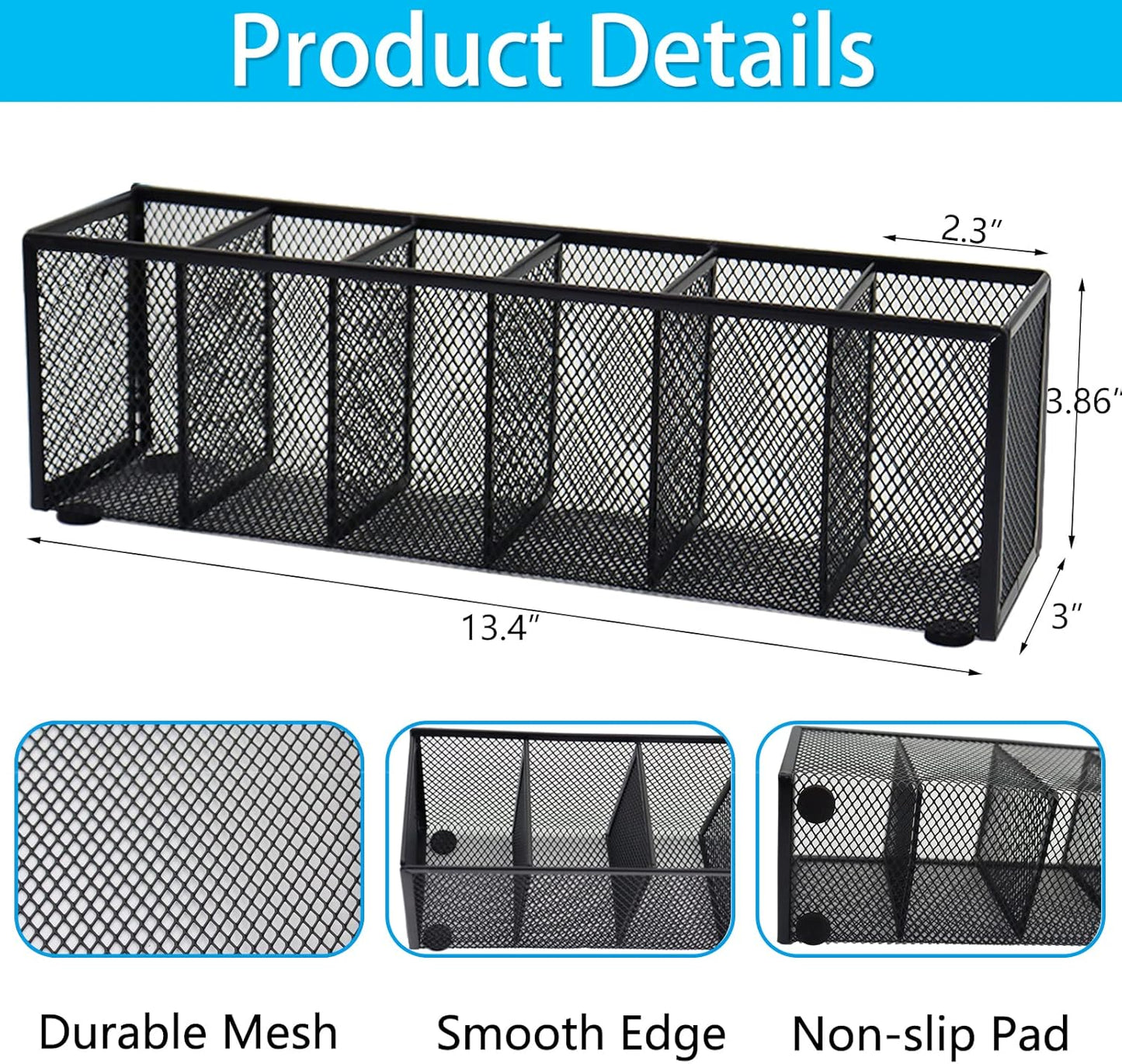 2PCS Black Mesh Pen Pencil Holder, Small Metal Desk Organizer Desktop Stationery Office Supplies Acessories Storage Stand, 6 Compartments Brushes Holder for Home School Classroom Teachers